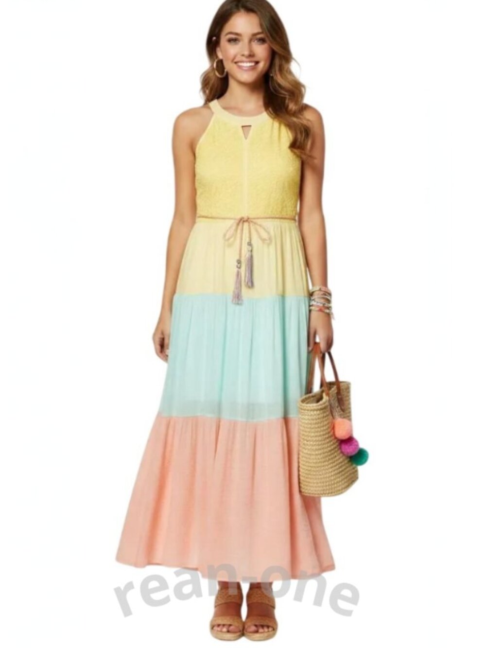 In Girl Women's Halter Neck Yellow Blue Pink Color Block Maxi Dress Size 12